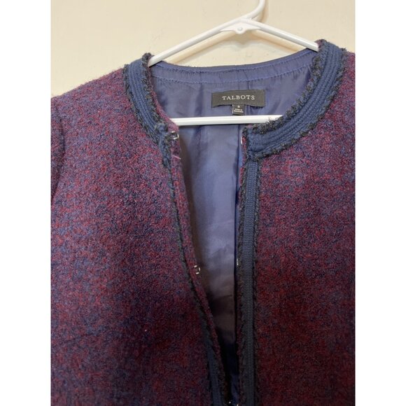 Talbots Boucle Tweed Jacket Blazer Hook Closure Wool Blend Navy Wine Trim Size 8 - Picture 5 of 9